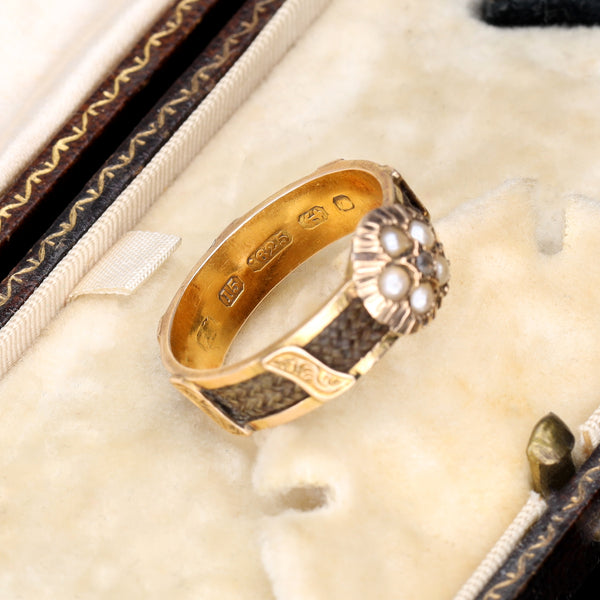 The Antique 1874 Pearl and Hairwork Mourning Ring - Antique Jewellers
