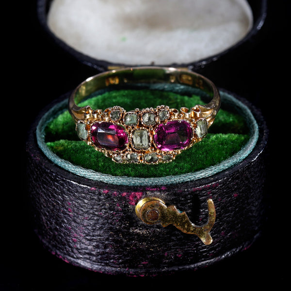 The Antique Victorian 1865 Garnet and Emerald Romance Ring - Antique Jewellers