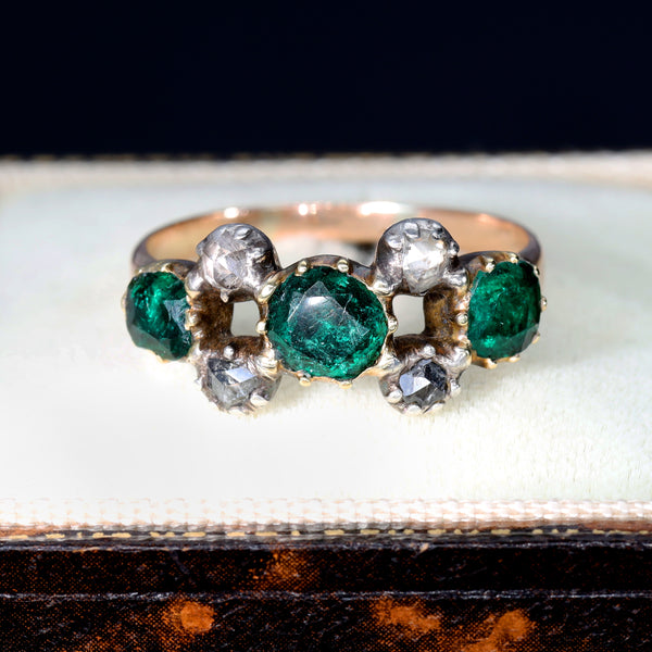 The Antique Georgian Emerald and Rose Cut Diamond Verdant Ring - Antique Jewellers