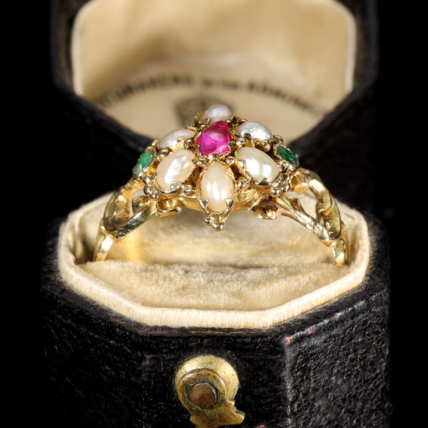 The Antique Victorian Ruby, Pearl and Emerald Daisy Ring