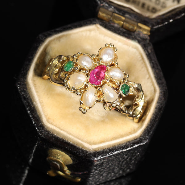 The Antique Victorian Ruby, Pearl and Emerald Daisy Ring
