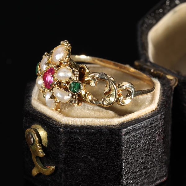 The Antique Victorian Ruby, Pearl and Emerald Daisy Ring