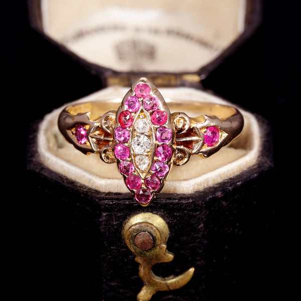 The Antique 1901 Ruby and Old Cut Diamond Navette Ring