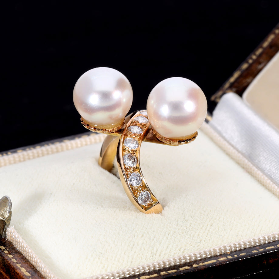 The Vintage 1984 Two Pearl and Diamond Extravagant Ring - Antique Jewellers