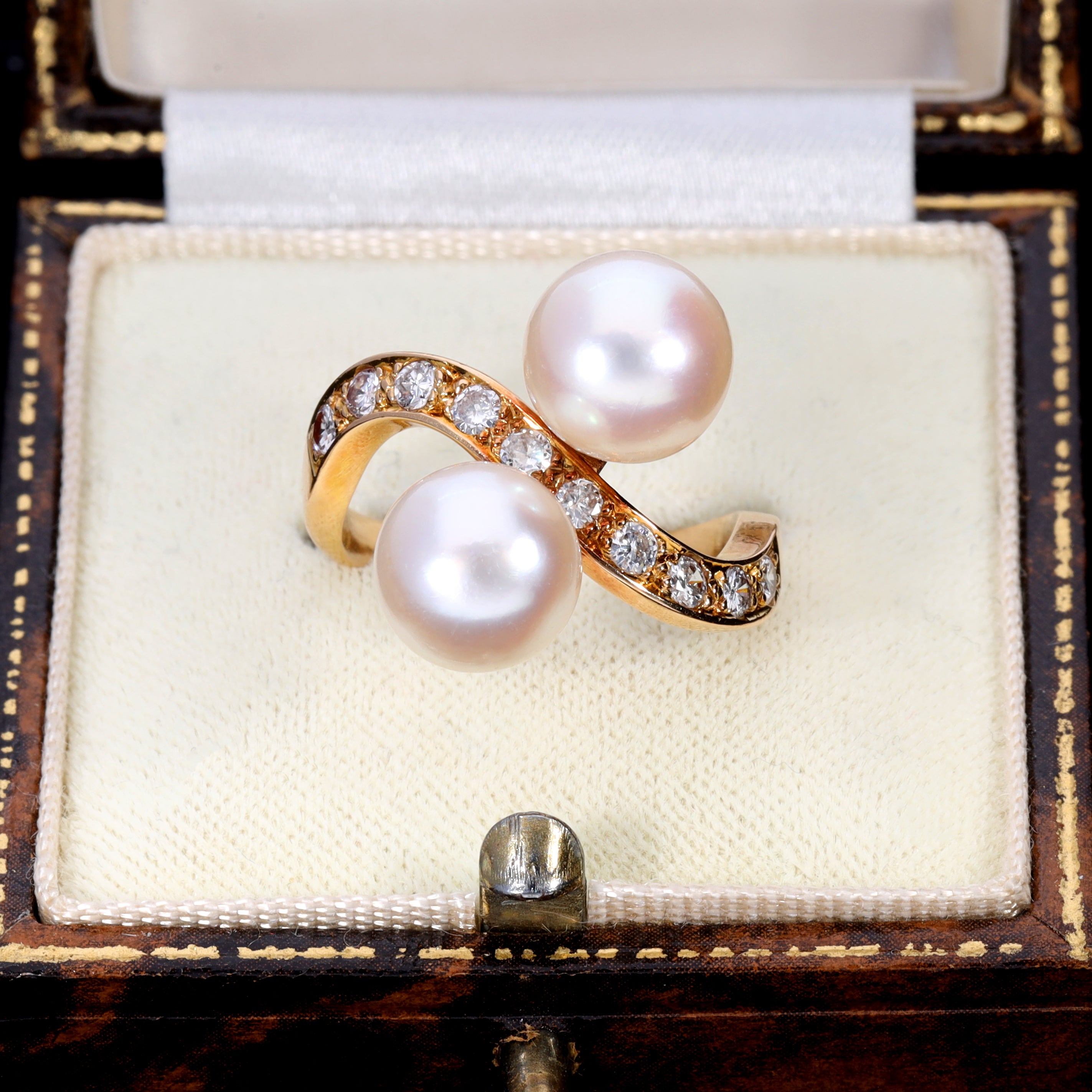 The Vintage 1984 Two Pearl and Diamond Extravagant Ring - Antique Jewellers