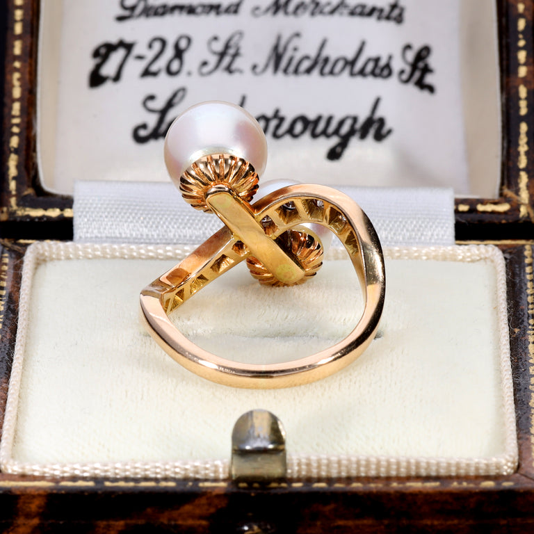 The Vintage 1984 Two Pearl and Diamond Extravagant Ring - Antique Jewellers