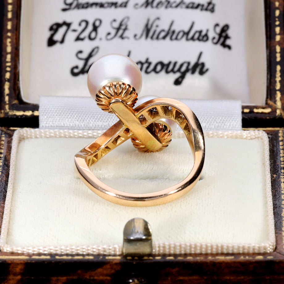 The Vintage 1984 Two Pearl and Diamond Extravagant Ring - Antique Jewellers