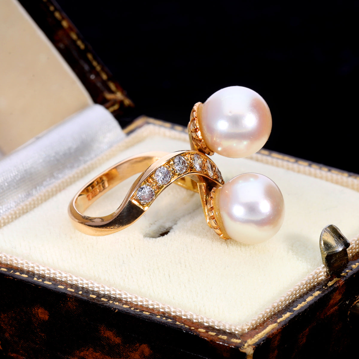 The Vintage 1984 Two Pearl and Diamond Extravagant Ring - Antique Jewellers