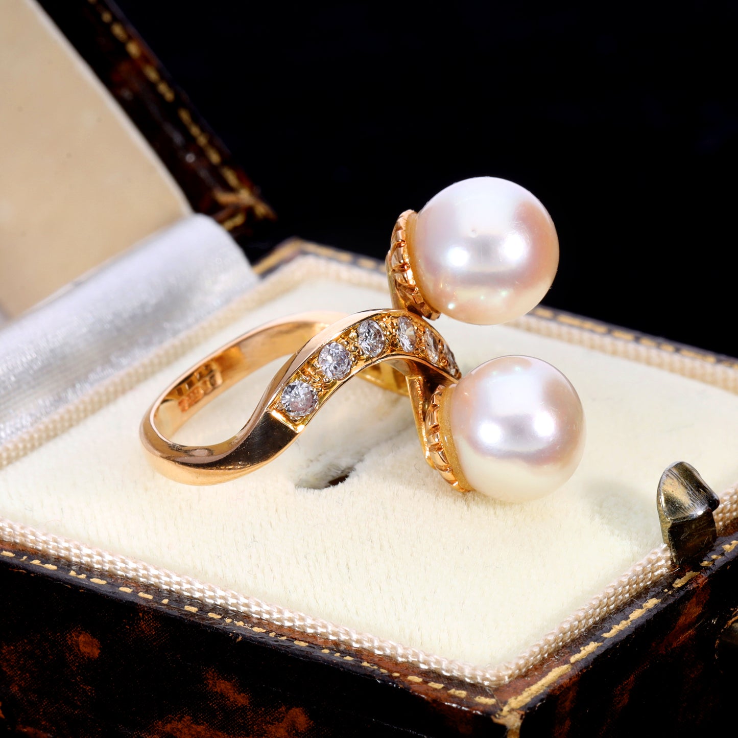 The Vintage 1984 Two Pearl and Diamond Extravagant Ring - Antique Jewellers