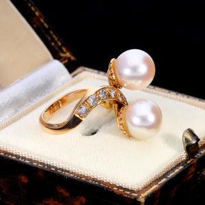 The Vintage 1984 Two Pearl and Diamond Extravagant Ring - Antique Jewellers