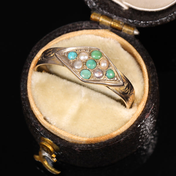 The Antique 1873 Victorian Turquoise and Pearl Engraved Ring