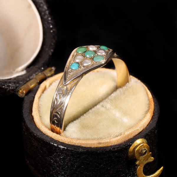 The Antique 1873 Victorian Turquoise and Pearl Engraved Ring