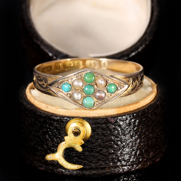 The Antique 1873 Victorian Turquoise and Pearl Engraved Ring