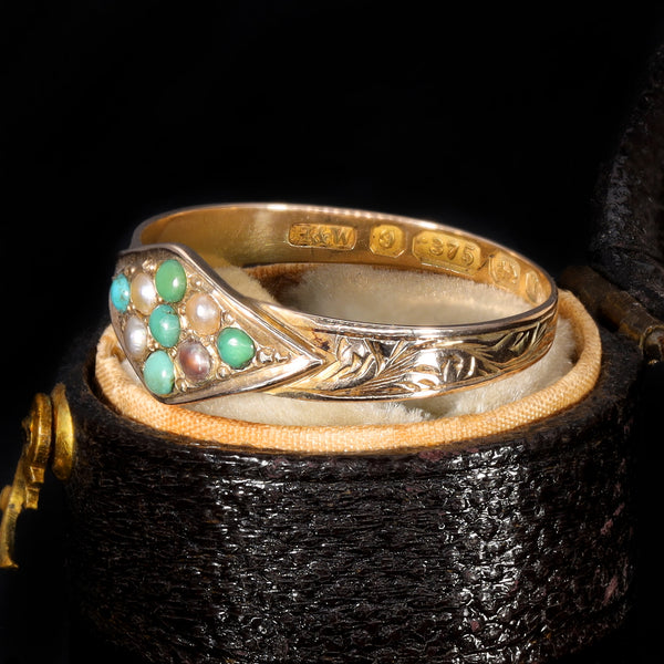 The Antique 1873 Victorian Turquoise and Pearl Engraved Ring