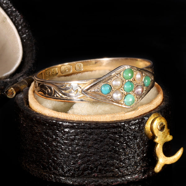 The Antique 1873 Victorian Turquoise and Pearl Engraved Ring