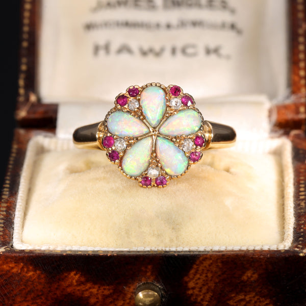 The Vintage Opal, Ruby and Diamond Cluster Bloom Ring