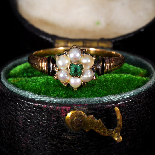 The Antique 18th Century Emerald and Pearl Graceful Cluster Ring