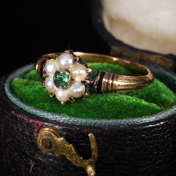 The Antique 18th Century Emerald and Pearl Graceful Cluster Ring