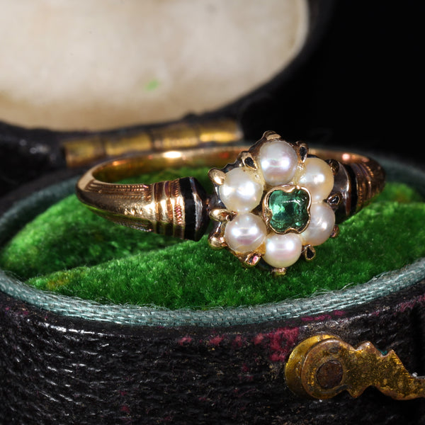 The Antique 18th Century Emerald and Pearl Graceful Cluster Ring