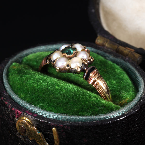 The Antique 18th Century Emerald and Pearl Graceful Cluster Ring