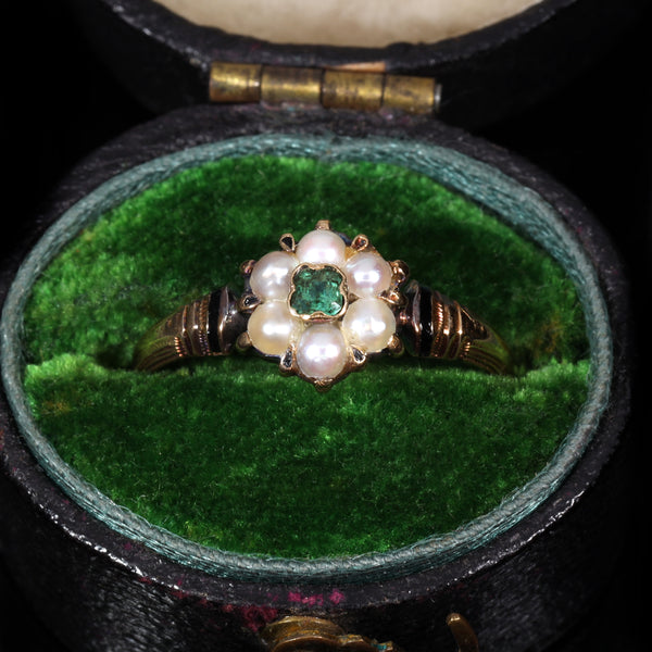 The Antique 18th Century Emerald and Pearl Graceful Cluster Ring