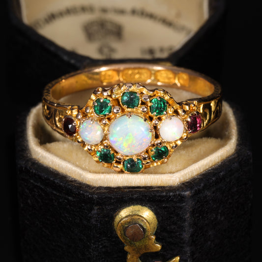 The Antique Victorian 1871 Opal, Emerald and Garnet Juicy Ring