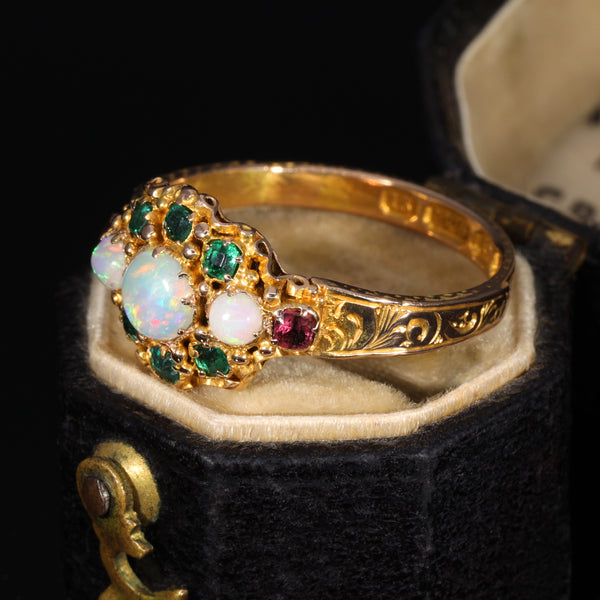 The Antique Victorian 1871 Opal, Emerald and Garnet Juicy Ring