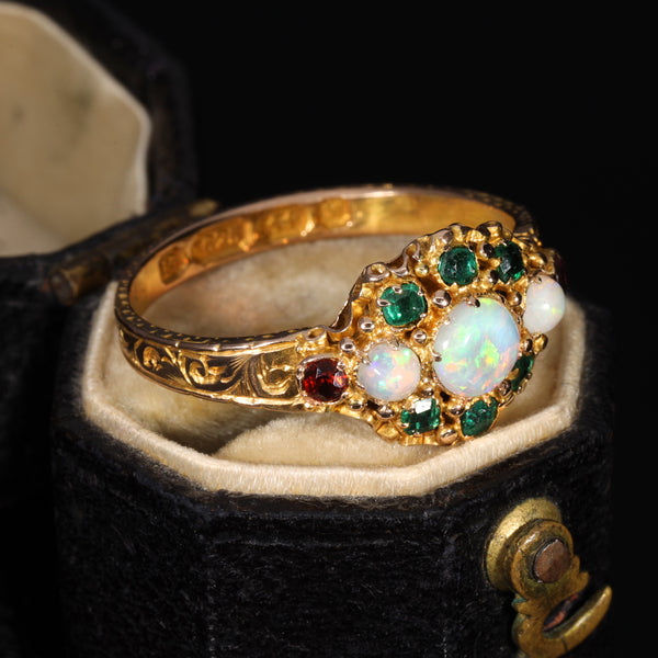 The Antique Victorian 1871 Opal, Emerald and Garnet Juicy Ring