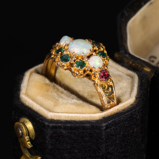 The Antique Victorian 1871 Opal, Emerald and Garnet Juicy Ring