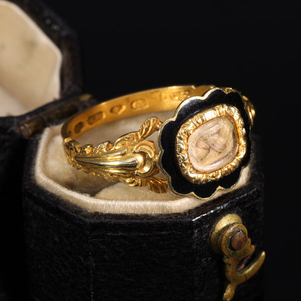 The Antique Victorian 1847 18ct Gold Blonde Hair Mourning Ring