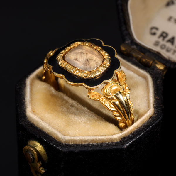 The Antique Victorian 1847 18ct Gold Blonde Hair Mourning Ring