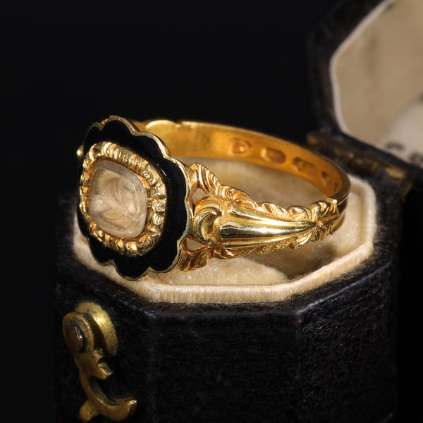 The Antique Victorian 1847 18ct Gold Blonde Hair Mourning Ring