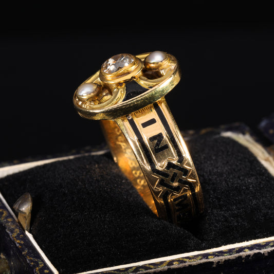 The Antique Victorian 1893 Diamond and Pearl Memorial Ring