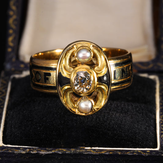 The Antique Victorian 1893 Diamond and Pearl Memorial Ring