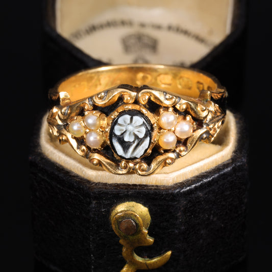 The Antique Victorian 1876 Pearl Cameo Flower Mourning Ring