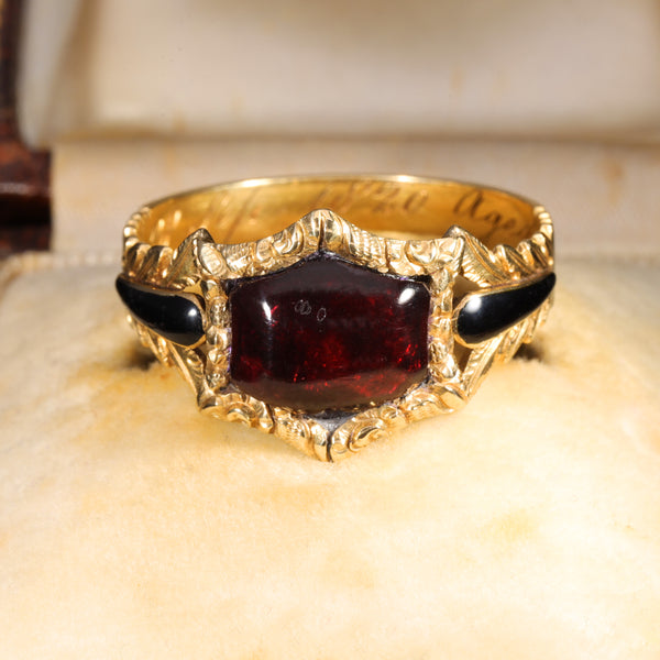 The Antique Georgian 1820 Garnet Cabochon Foliate Mourning Ring