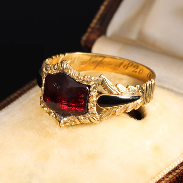 The Antique Georgian 1820 Garnet Cabochon Foliate Mourning Ring