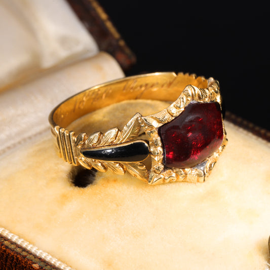 The Antique Georgian 1820 Garnet Cabochon Foliate Mourning Ring