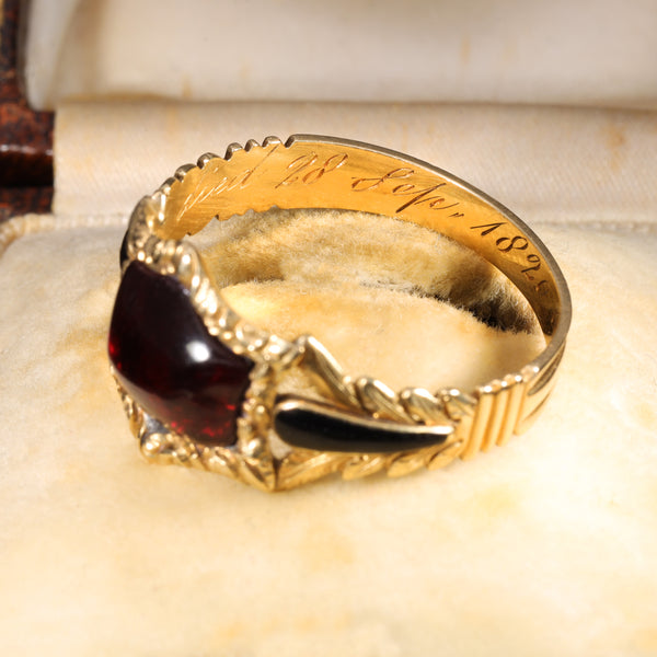 The Antique Georgian 1820 Garnet Cabochon Foliate Mourning Ring