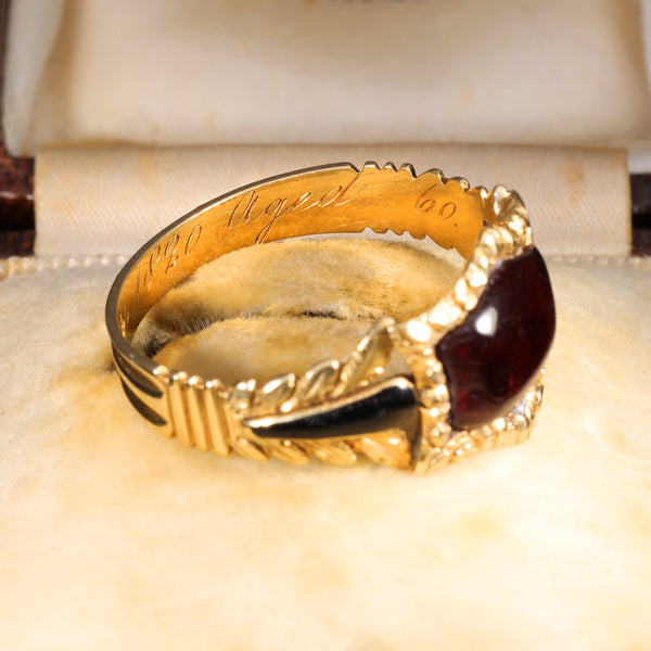 The Antique Georgian 1820 Garnet Cabochon Foliate Mourning Ring