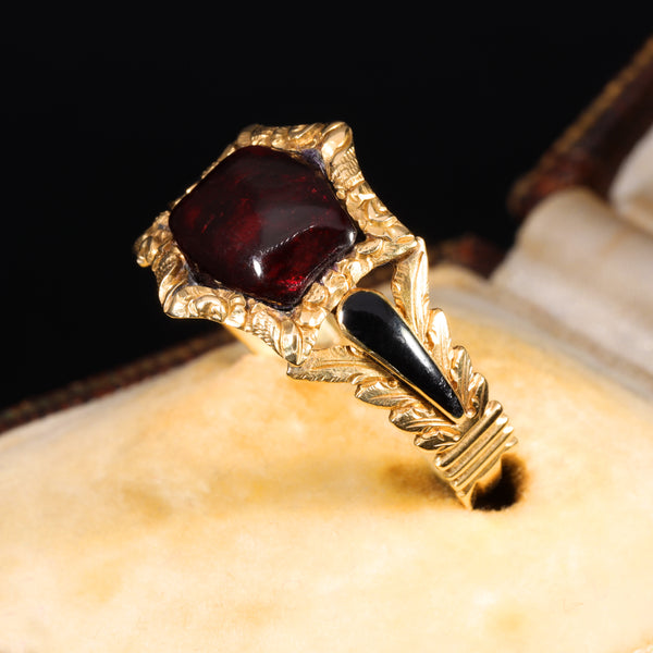 The Antique Georgian 1820 Garnet Cabochon Foliate Mourning Ring