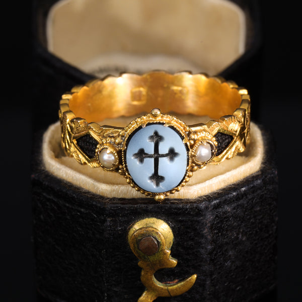 The Victorian Cross and Pearl Ornate Mourning Ring