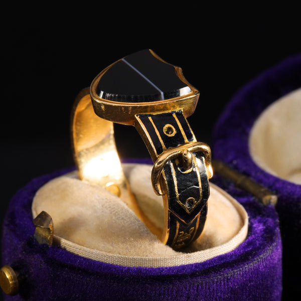 The Antique Victorian 1867 Banded Onyx Buckle Mourning Ring