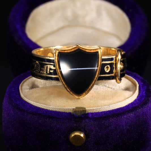 The Antique Victorian 1867 Banded Onyx Buckle Mourning Ring