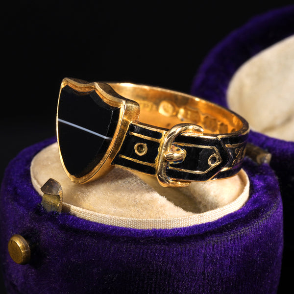 The Antique Victorian 1867 Banded Onyx Buckle Mourning Ring