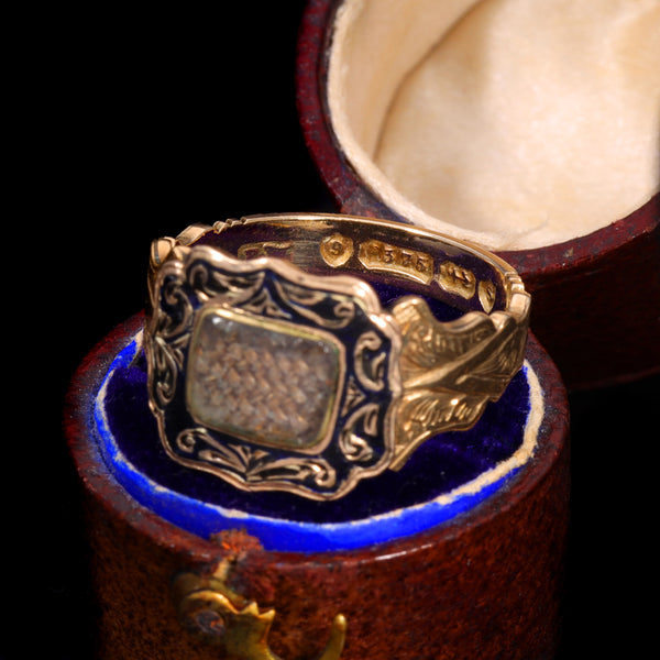 The Antique Victorian 1864 Enamel and Hairwork 9ct Gold Mourning Ring