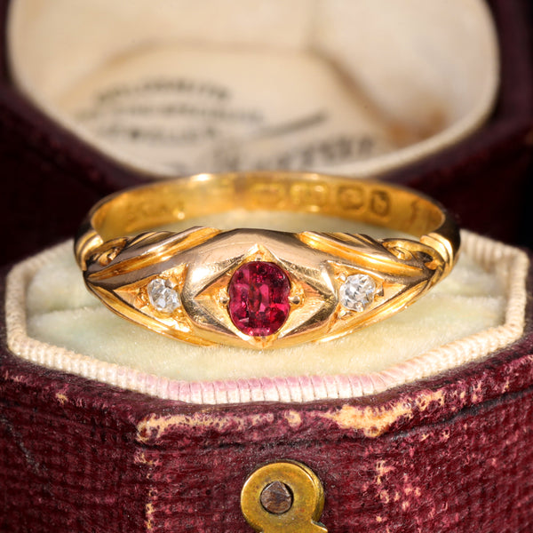 The Antique 1901 Ruby and Old Cut Diamond Ornate Ring