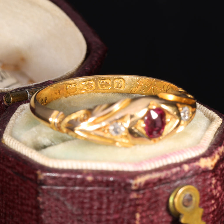 The Antique 1901 Ruby and Old Cut Diamond Ornate Ring