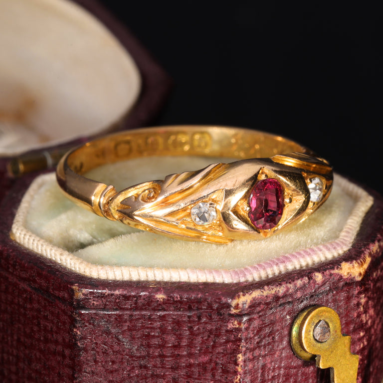 The Antique 1901 Ruby and Old Cut Diamond Ornate Ring