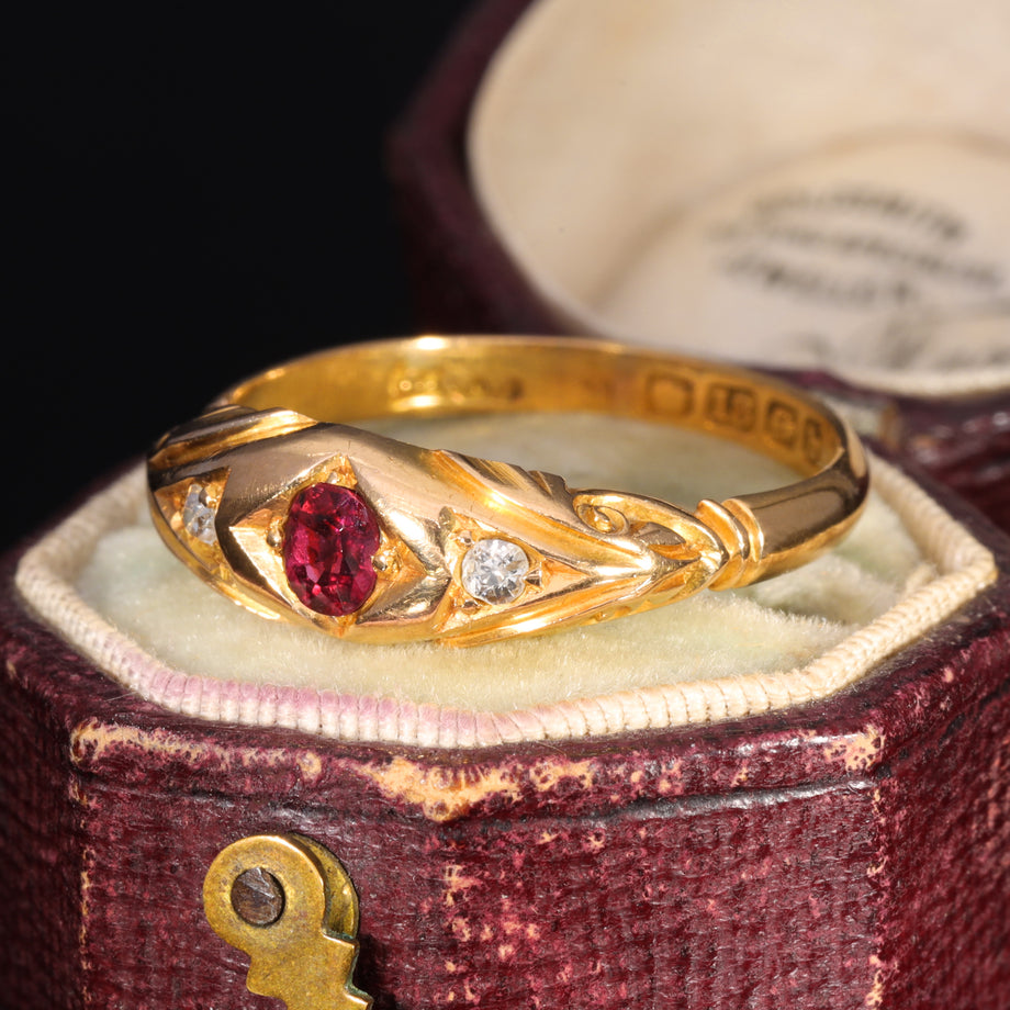 The Antique 1901 Ruby and Old Cut Diamond Ornate Ring